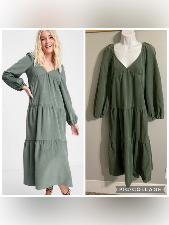 ASOS Dresses & Skirts - ASOS Design Sage Lightweight Corduroy Tiered Maxi Dress Size 14